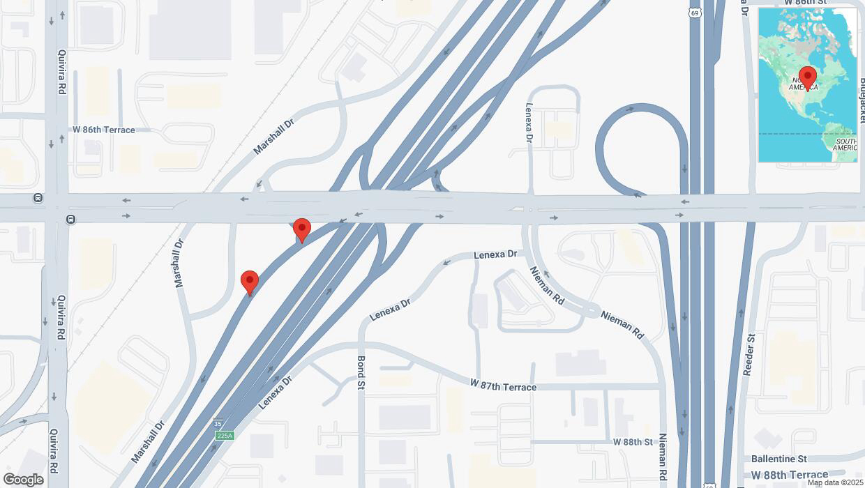 A detailed map that shows the affected road due to 'Warning: Crash on the Monarch Highway in Lenexa' on March 25th at 4:34 p.m.