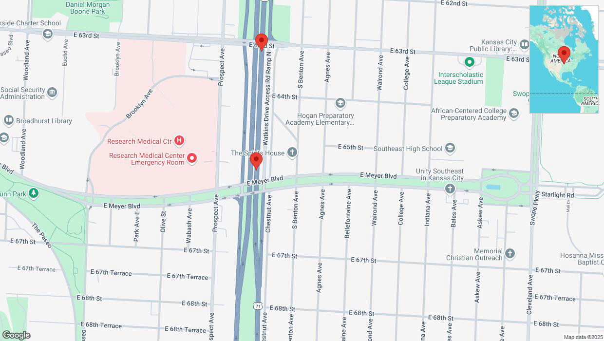 A detailed map that shows the affected road due to 'Broken down vehicle on northbound the Bruce R Watkins Expressway/US-71 in Kansas City' on March 25th at 5:02 p.m.
