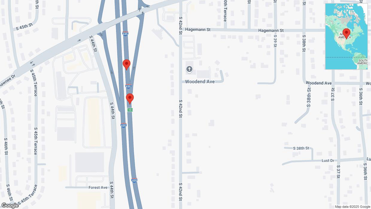 A detailed map that shows the affected road due to 'Crash reported on northbound I-635 in Kansas City' on March 25th at 6:07 p.m.