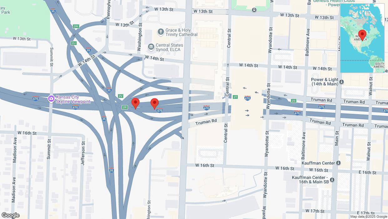 A detailed map that shows the affected road due to 'Broken down vehicle on eastbound I-670 in Kansas City' on March 25th at 5:55 p.m.