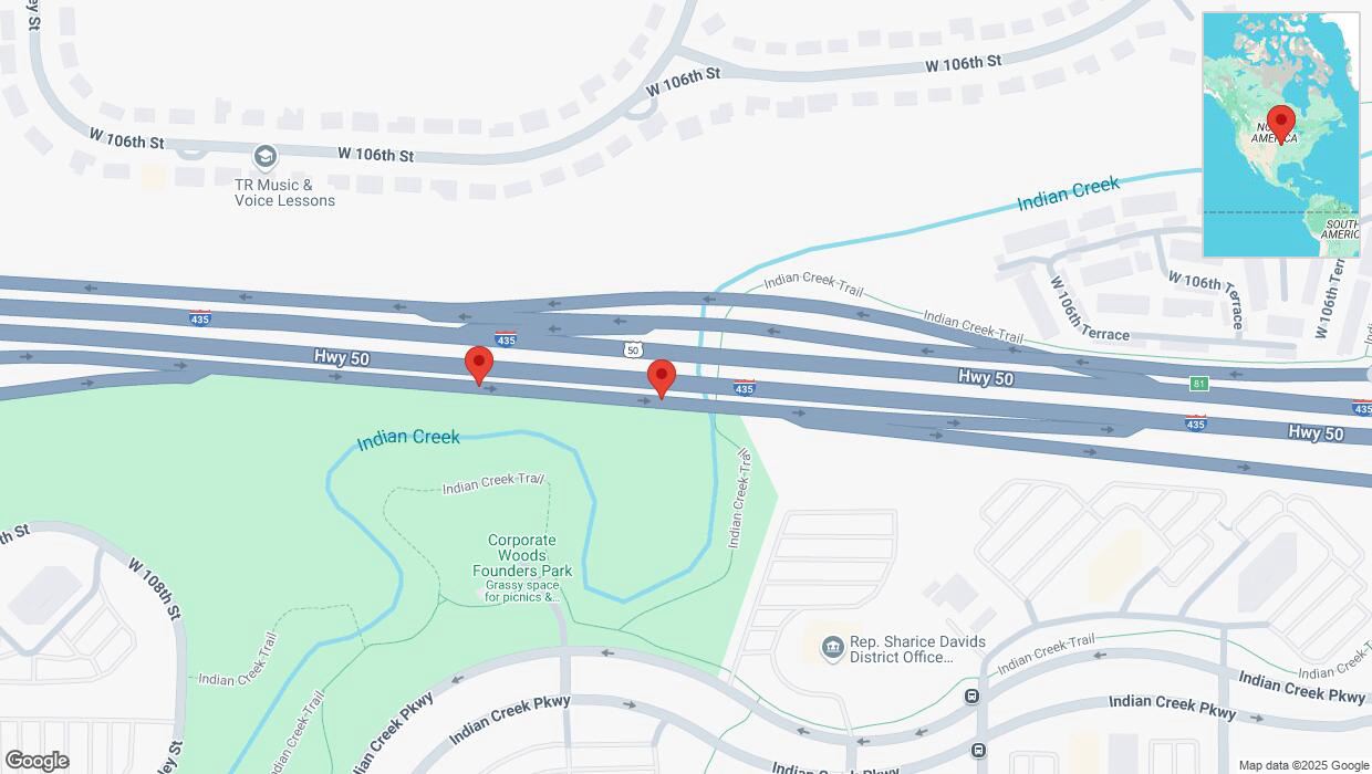 A detailed map that shows the affected road due to 'A crash has been reported on U.S. 50' on March 25th at 7:28 p.m.