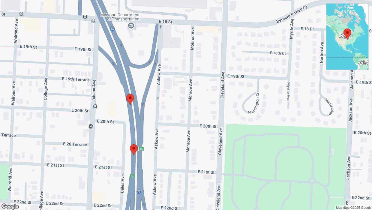 A detailed map that shows the affected road due to 'Broken down vehicle on eastbound I-70 in Kansas City' on March 25th at 6:19 p.m.