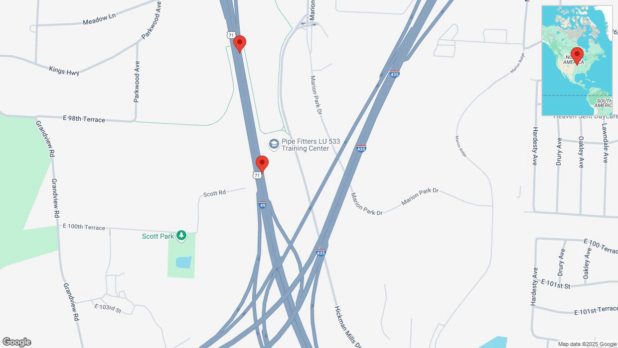 A detailed map that shows the affected road due to 'Broken down vehicle on northbound I-40/US-71 in Kansas City' on March 25th at 6:53 p.m.