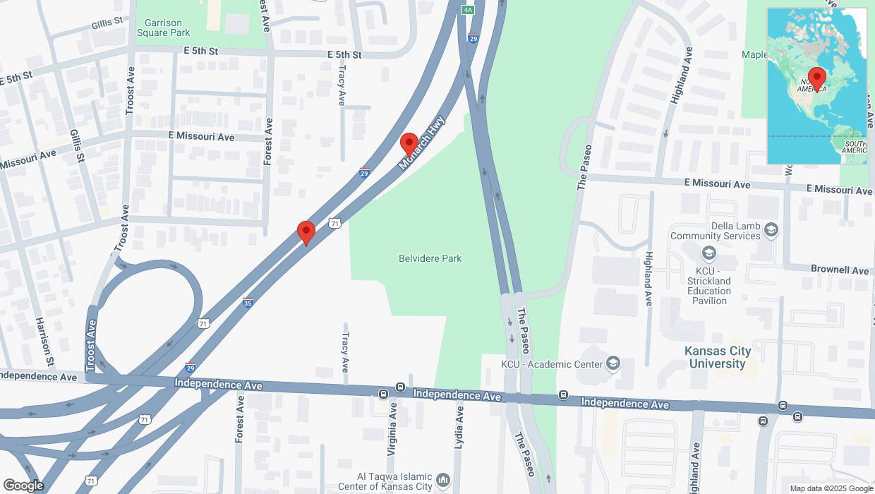 A detailed map that shows the affected road due to 'Broken down vehicle on northbound I-35 in Kansas City' on March 25th at 7:28 p.m.