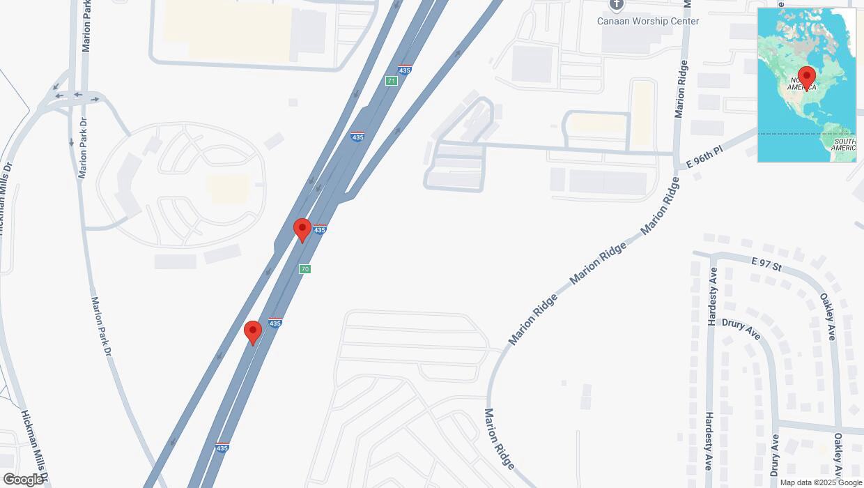 A detailed map that shows the affected road due to 'Broken down vehicle on southbound I-435 in Kansas City' on March 25th at 7:39 p.m.
