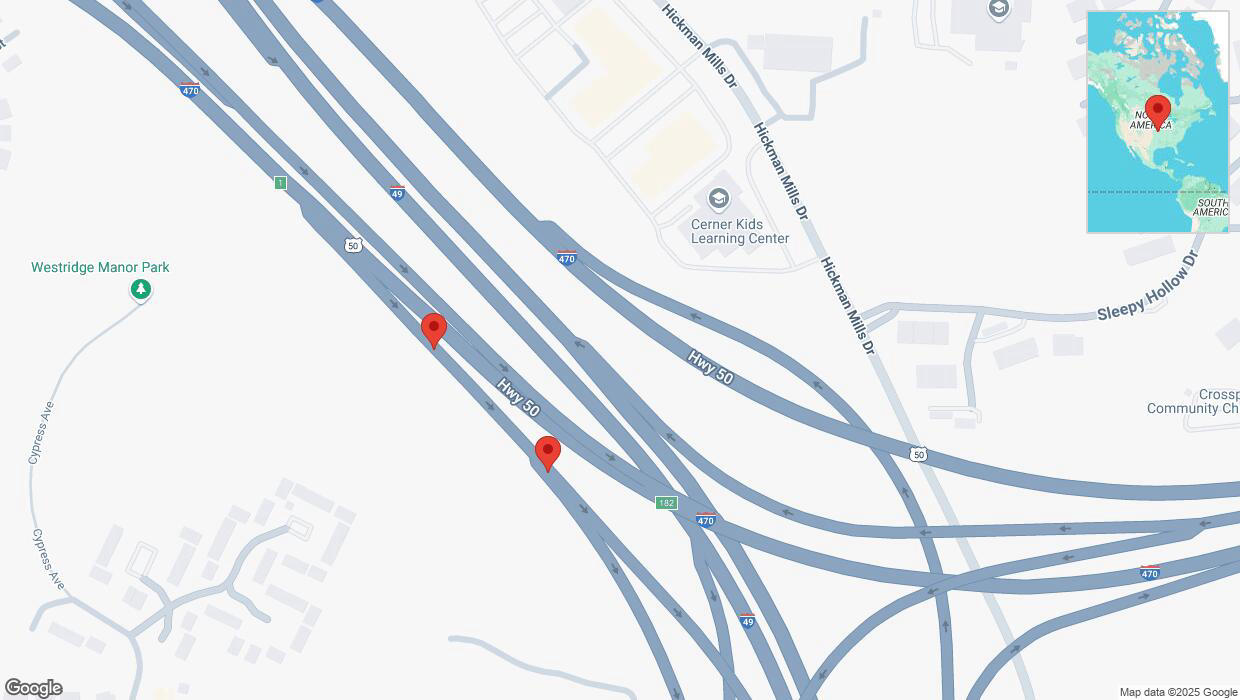 A detailed map that shows the affected road due to 'Broken down vehicle on U.S. 50 in Kansas City' on March 25th at 11:37 p.m.