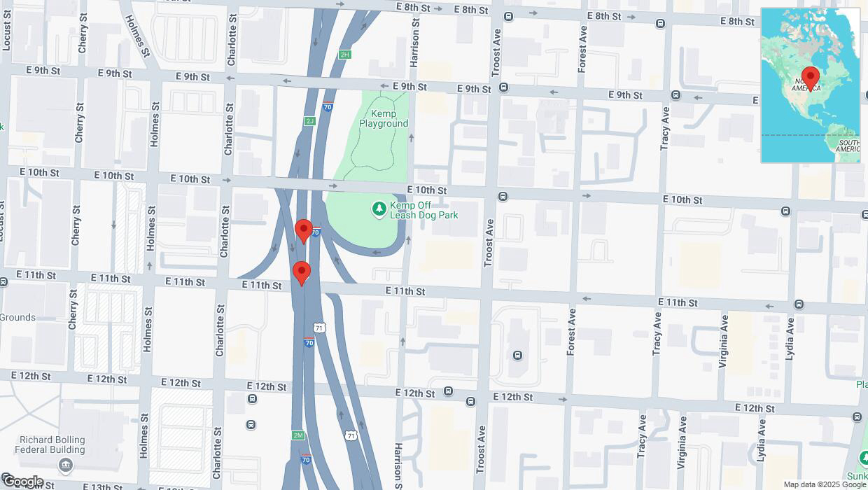 A detailed map that shows the affected road due to 'Broken down vehicle on eastbound I-70 in Kansas City' on March 25th at 11:24 p.m.