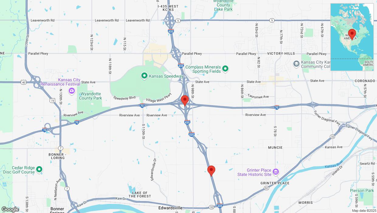 A detailed map that shows the affected road due to 'Lane on I-435 closed in Kansas City' on March 25th at 11:24 p.m.