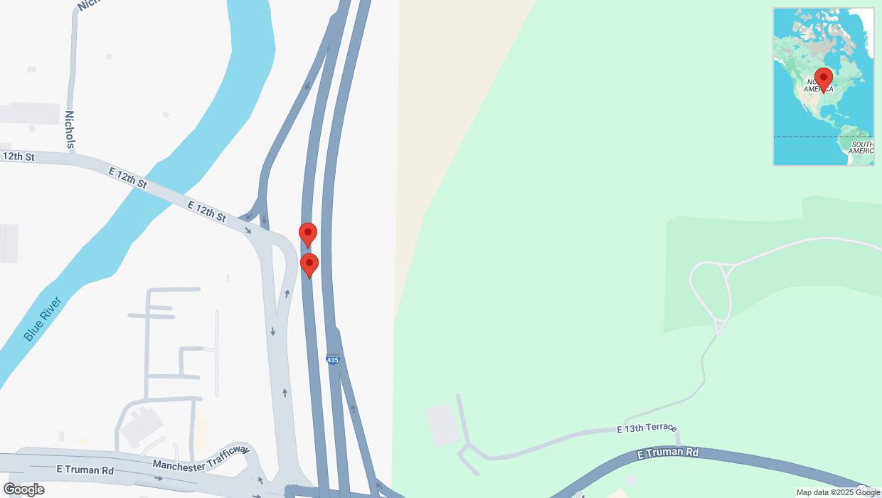 A detailed map that shows the affected road due to 'Warning: Crash on southbound I-435 in Kansas City' on March 25th at 11:31 p.m.