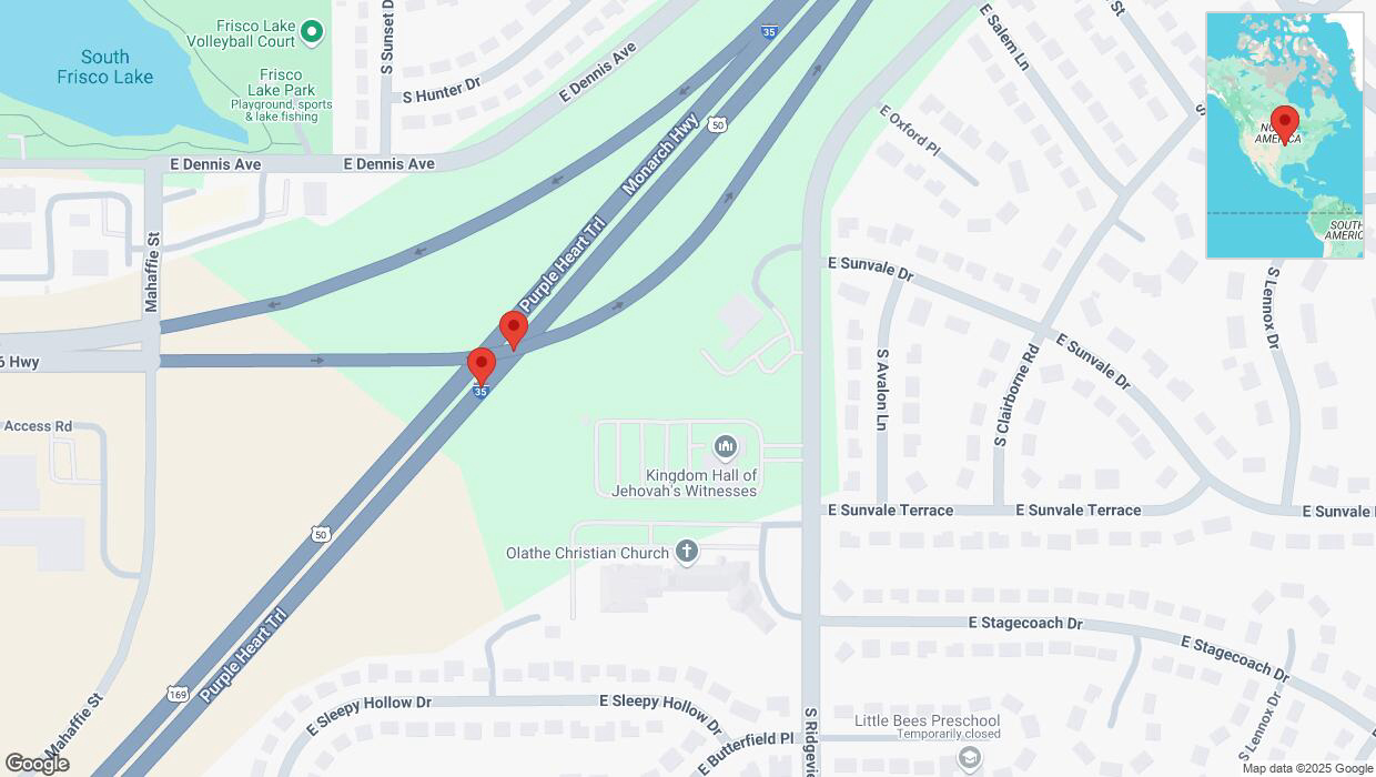 A detailed map that shows the affected road due to 'Broken down vehicle on eastbound I-35 in Olathe' on March 28th at 8:09 p.m.