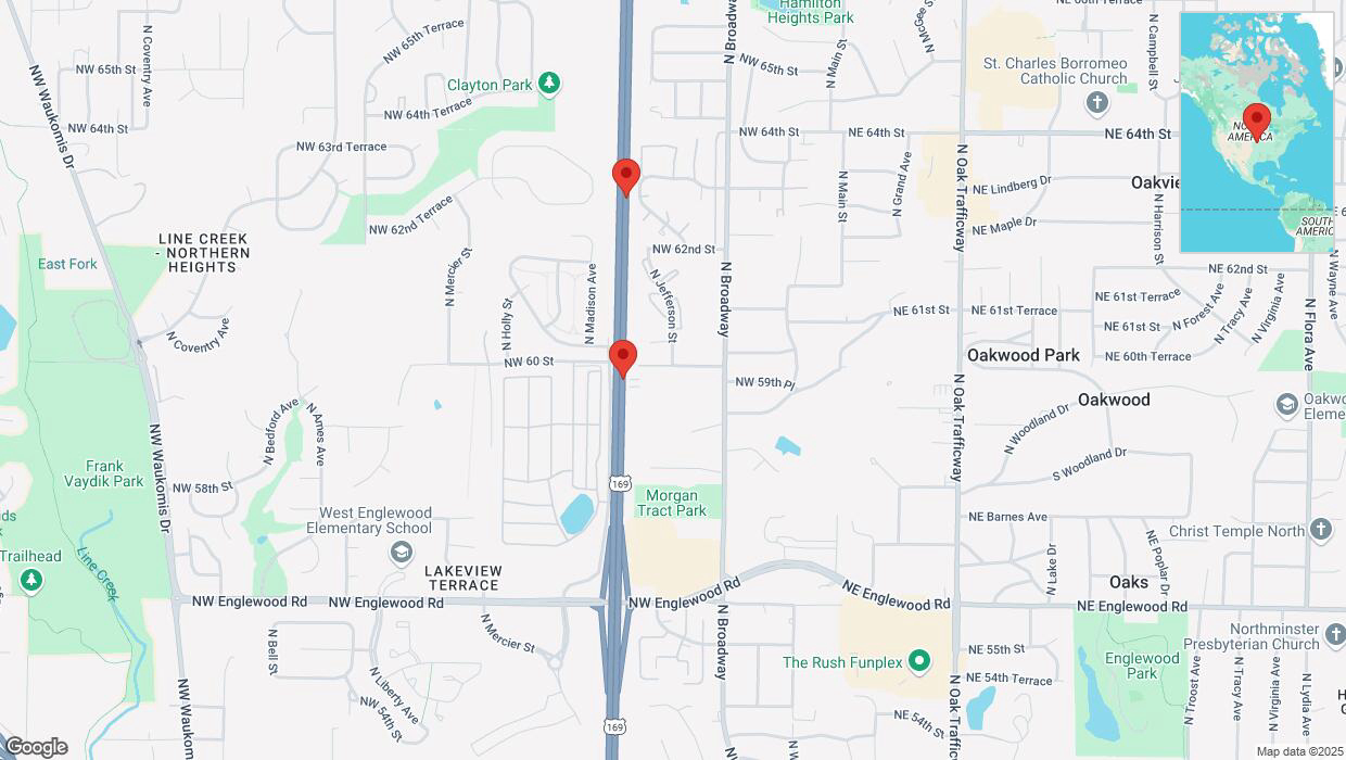 A detailed map that shows the affected road due to 'Broken down vehicle on northbound US-169 in Kansas City' on March 28th at 7:36 p.m.