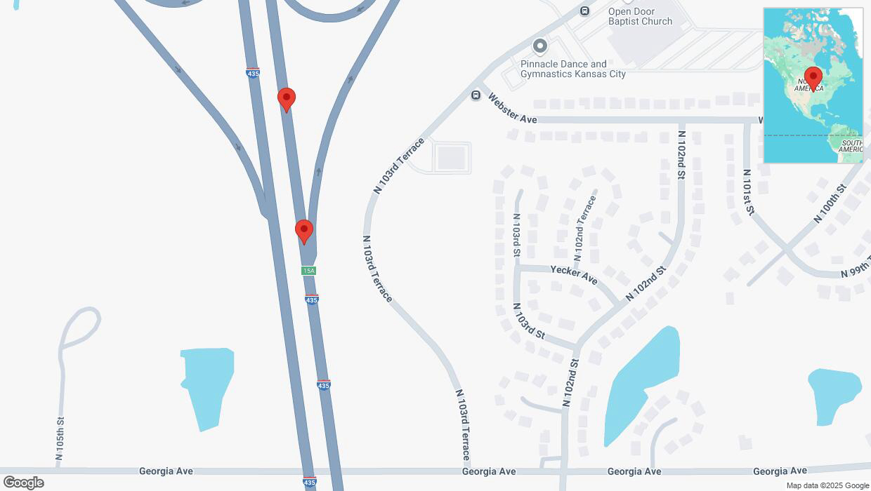 A detailed map that shows the affected road due to 'Broken down vehicle on northbound I-435 in Kansas City' on March 28th at 9:53 p.m.