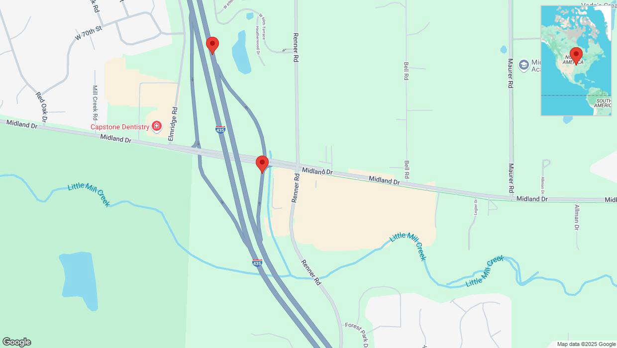 A detailed map that shows the affected road due to 'Renner Road temporarily closed in Shawnee' on March 28th at 11:47 p.m.