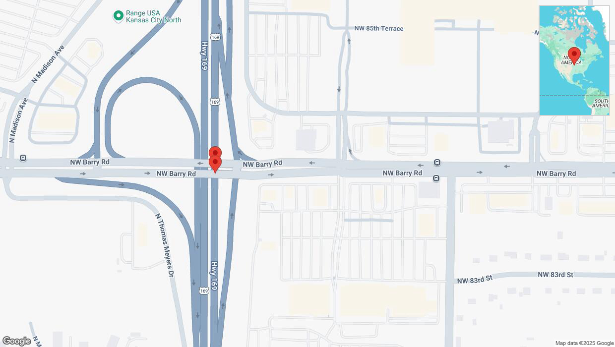 A detailed map that shows the affected road due to 'Broken down vehicle on northbound US-169 in Kansas City' on March 29th at 12:39 p.m.