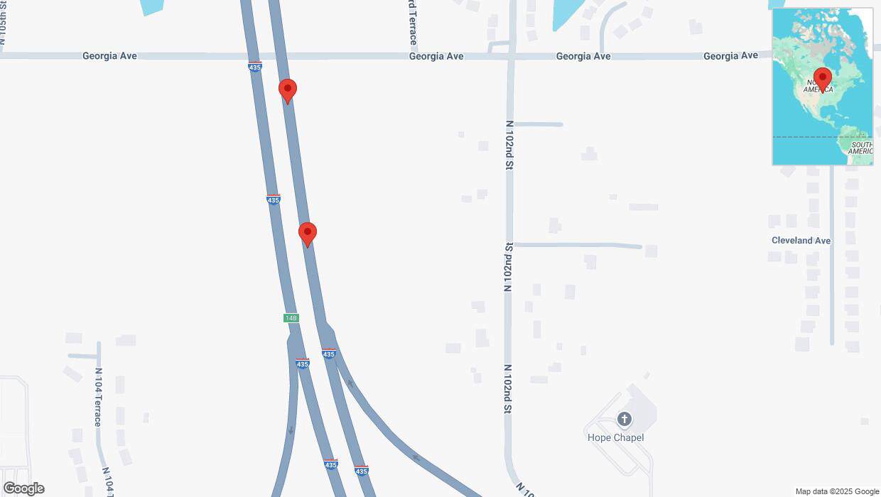 A detailed map that shows the affected road due to 'Broken down vehicle on northbound I-435 in Kansas City' on March 29th at 5:12 p.m.