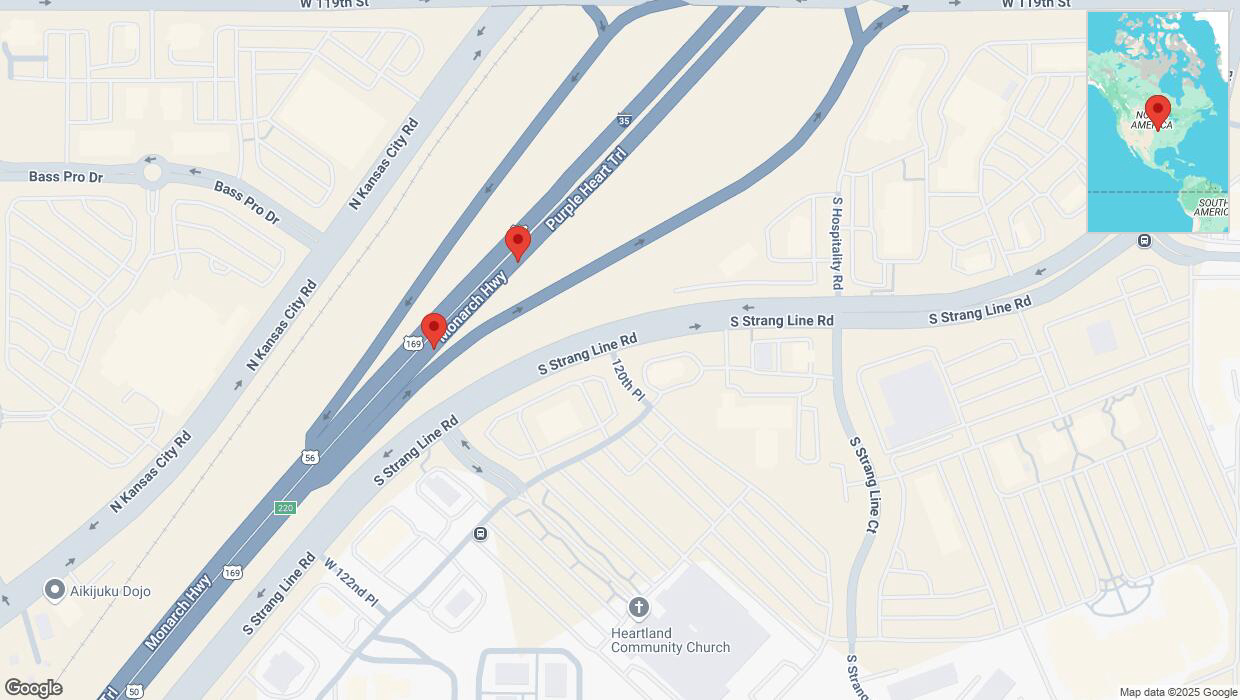 A detailed map that shows the affected road due to 'Broken down vehicle on eastbound I-35 in Olathe' on March 29th at 2:39 p.m.
