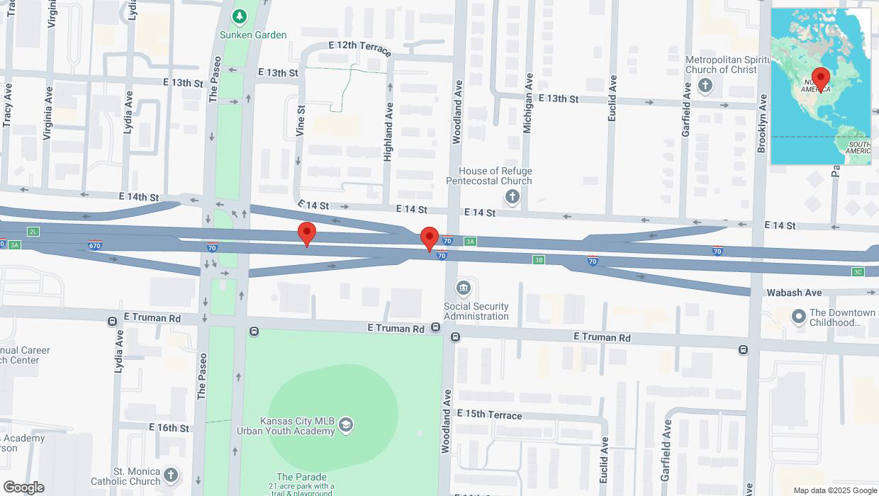 A detailed map that shows the affected road due to 'Broken down vehicle on eastbound I-70 in Kansas City' on March 29th at 3:03 p.m.