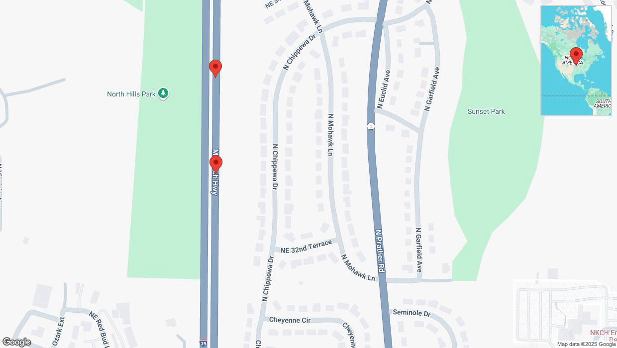 A detailed map that shows the affected road due to 'Broken down vehicle on northbound I-29/I-35 in Kansas City' on March 29th at 6:11 p.m.