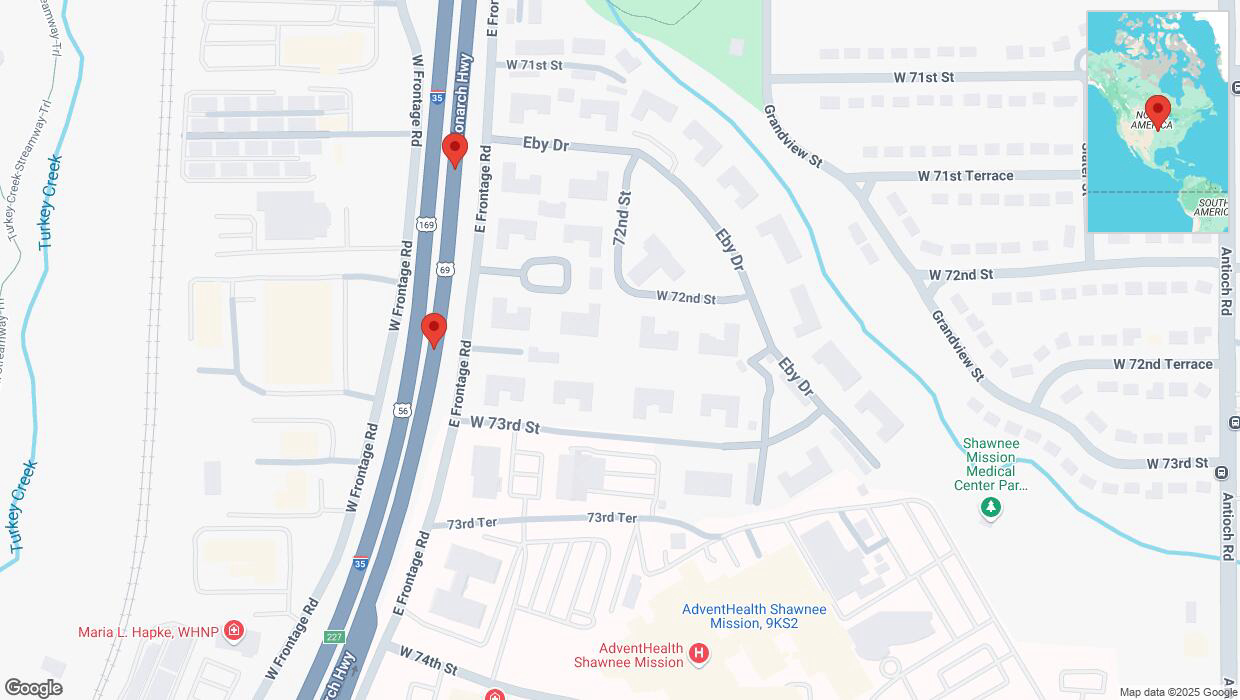 A detailed map that shows the affected road due to 'Broken down vehicle on eastbound I-35 in Merriam' on March 29th at 6:11 p.m.