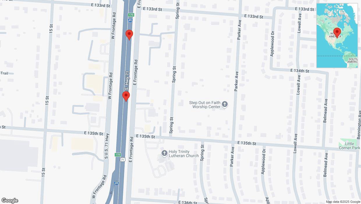 A detailed map that shows the affected road due to 'Broken down vehicle on northbound I-40/US-71 in Grandview' on March 29th at 7:11 p.m.