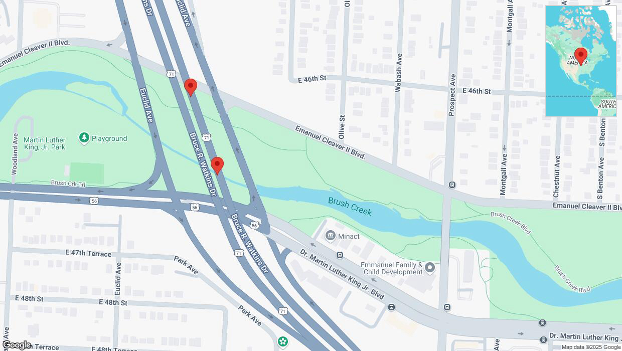 A detailed map that shows the affected road due to 'Broken down vehicle on northbound the Bruce R Watkins Expressway/US-71 in Kansas City' on March 29th at 8:10 p.m.
