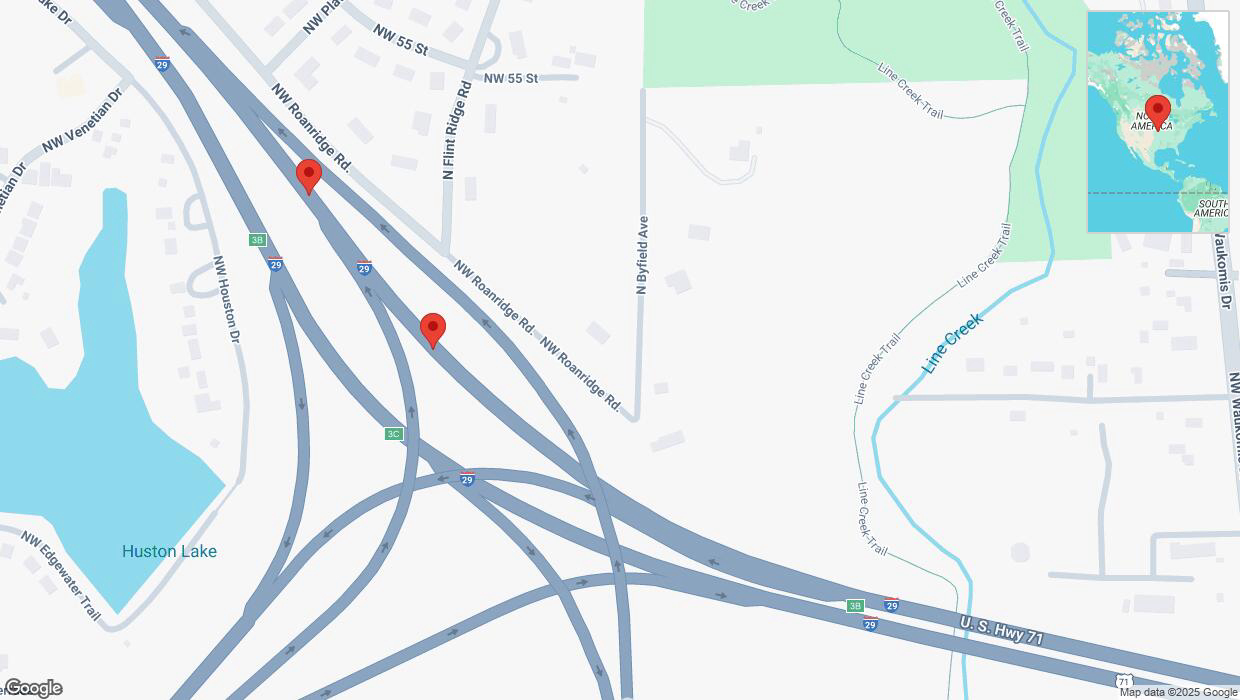 A detailed map that shows the affected road due to 'Broken down vehicle on northbound I-29 in Kansas City' on March 29th at 9:09 p.m.