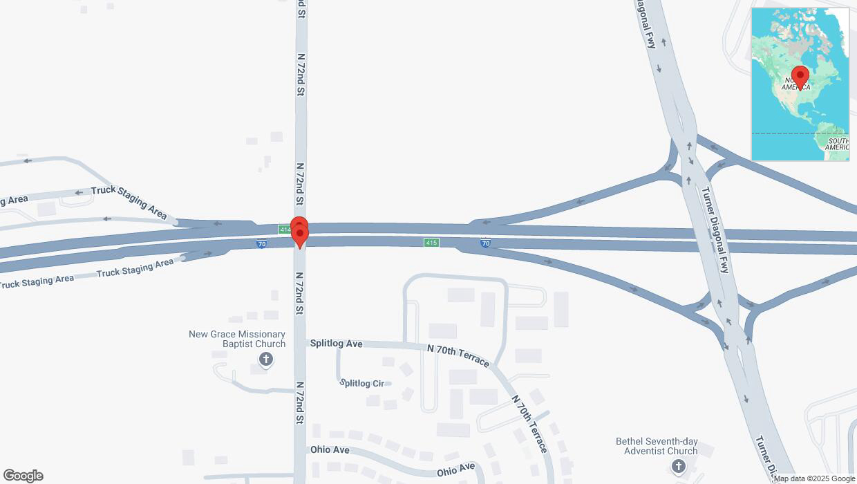 A detailed map that shows the affected road due to 'Crash reported on North 72nd Street in Kansas City' on March 29th at 10:05 p.m.