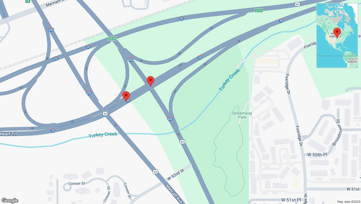 A detailed map that shows the affected road due to 'Broken down vehicle on northbound I-35 in Mission' on March 30th at 1:18 p.m.