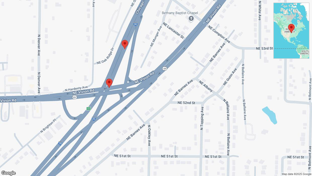 A detailed map that shows the affected road due to 'Broken down vehicle on northbound I-35 in Kansas City' on March 30th at 1:18 p.m.