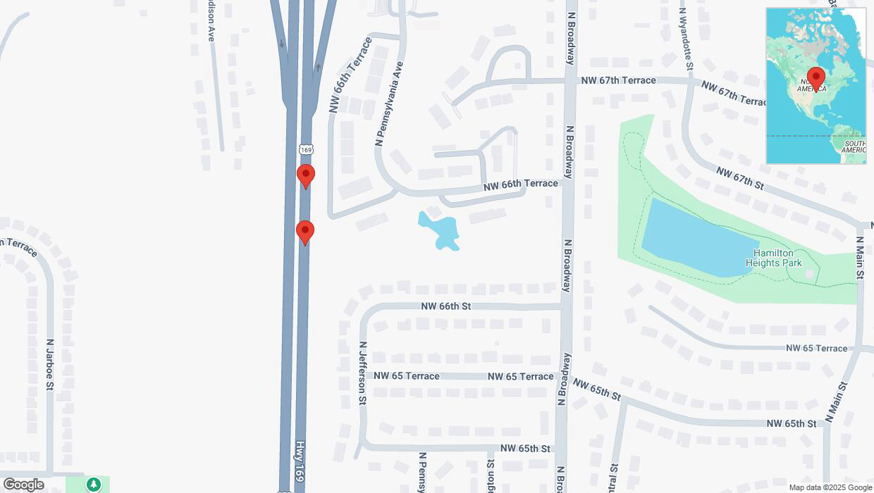 A detailed map that shows the affected road due to 'Broken down vehicle on northbound US-169 in Kansas City' on March 30th at 3:07 p.m.