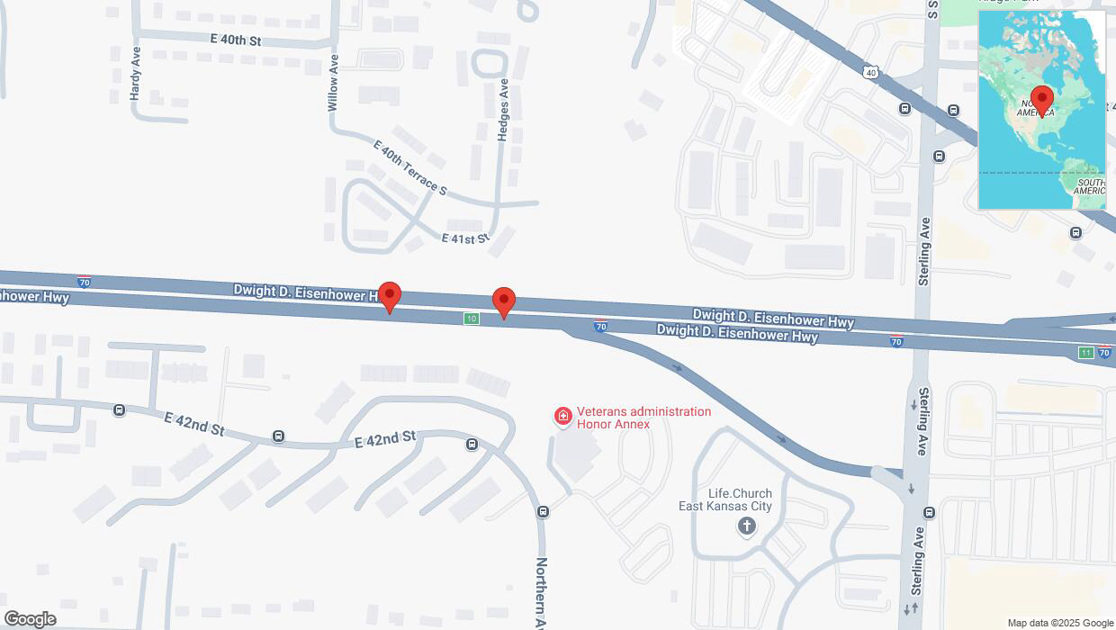 A detailed map that shows the affected road due to 'Broken down vehicle on eastbound I-70 in Kansas City' on March 30th at 2:24 p.m.
