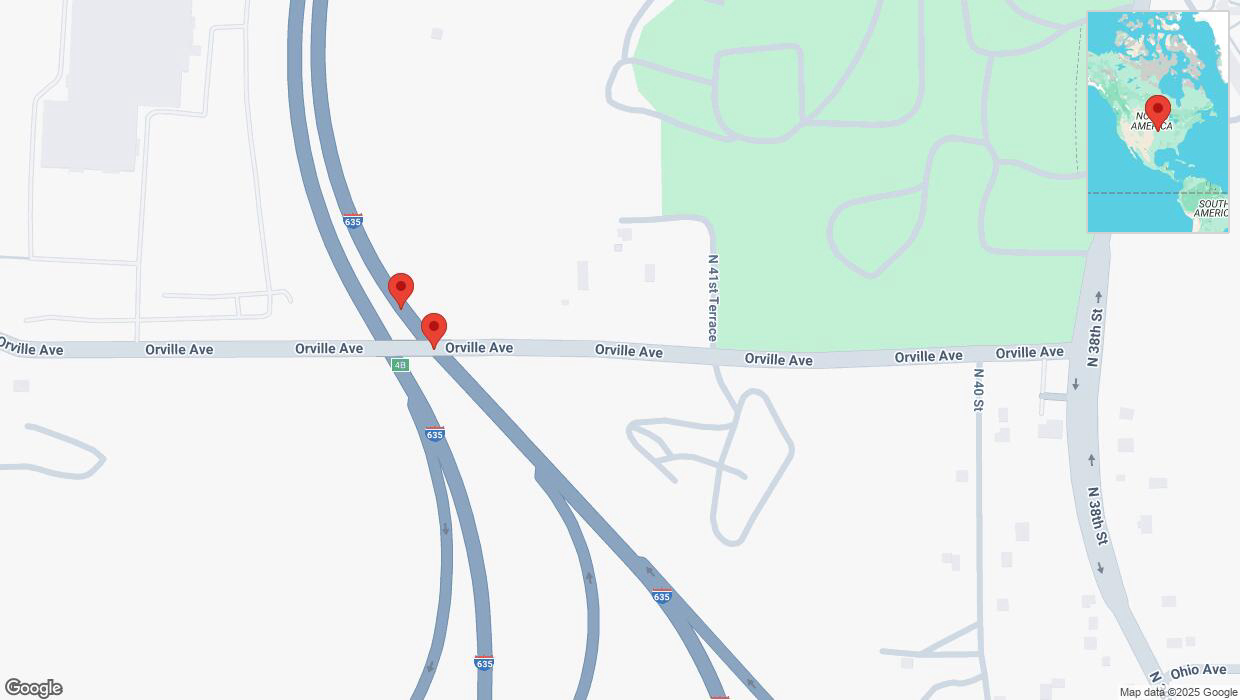 A detailed map that shows the affected road due to 'Broken down vehicle on northbound I-635 in Kansas City' on March 30th at 3:19 p.m.