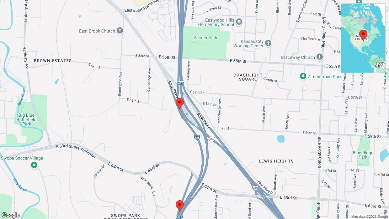 A detailed map that shows the affected road due to 'Crash reported on southbound I-435 in Kansas City' on March 30th at 2:51 p.m.