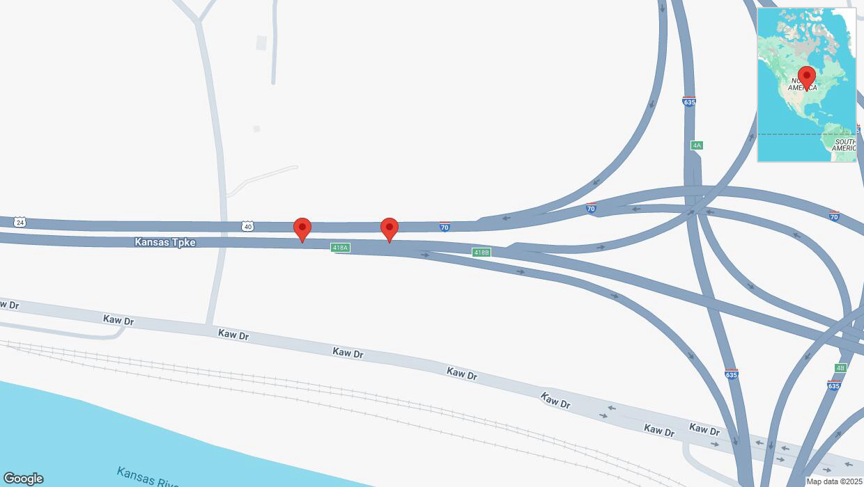 A detailed map that shows the affected road due to 'Broken down vehicle on eastbound I-70 in Kansas City' on March 30th at 5:09 p.m.