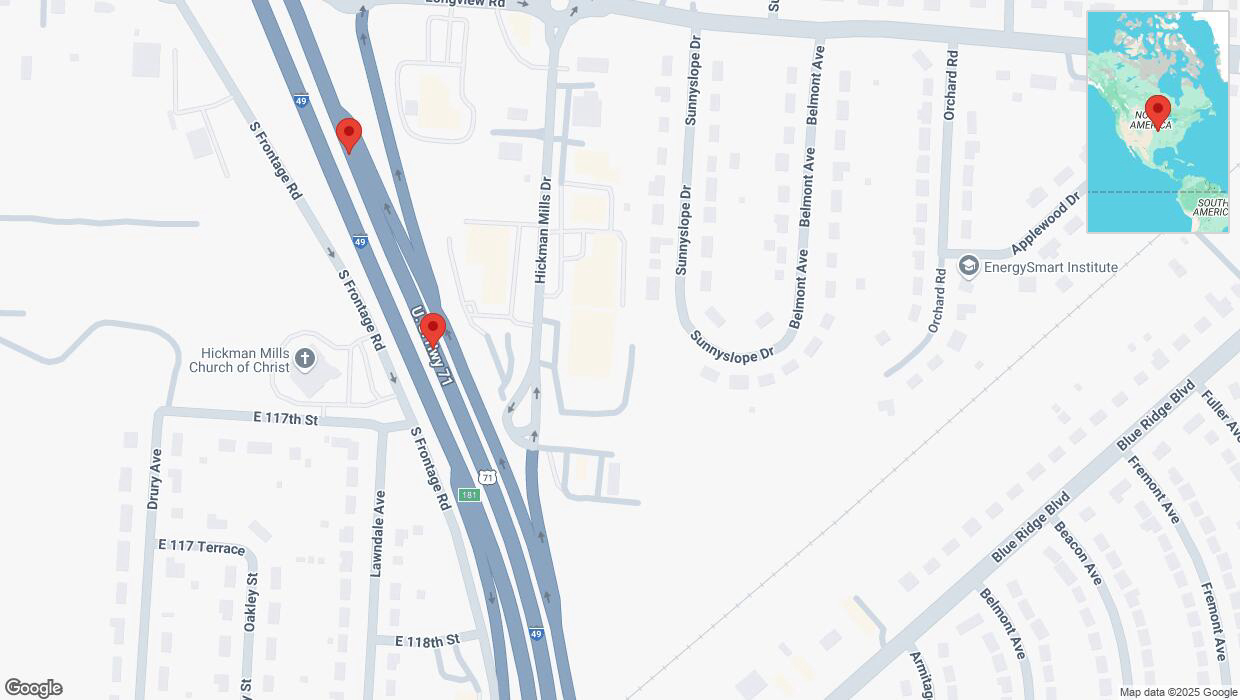 A detailed map that shows the affected road due to 'Broken down vehicle on northbound I-40/US-71 in Kansas City' on March 30th at 3:46 p.m.