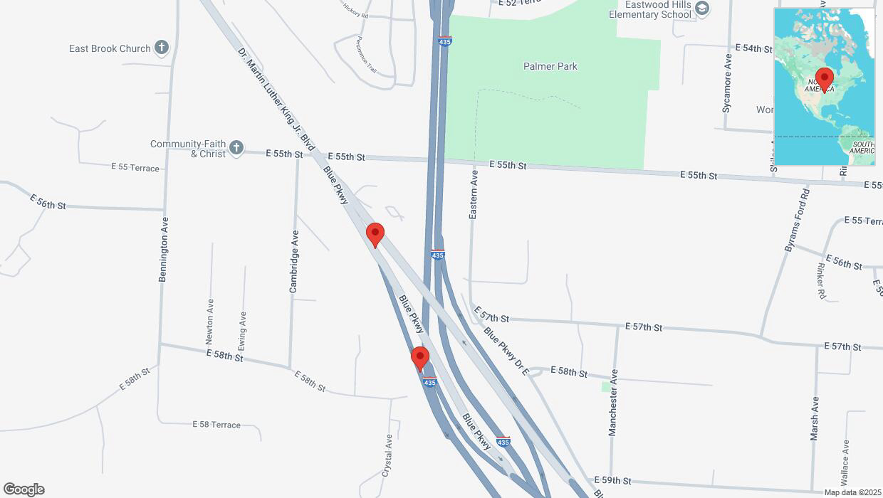 A detailed map that shows the affected road due to 'Broken down vehicle on Blue Parkway in Kansas City' on March 30th at 6:55 p.m.