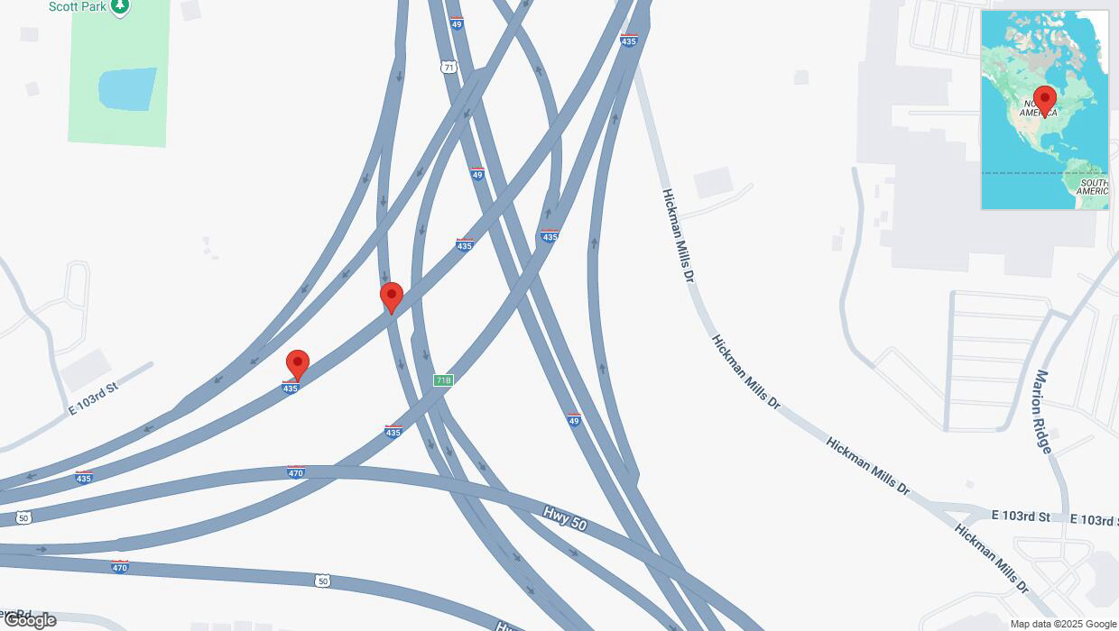 A detailed map that shows the affected road due to 'Broken down vehicle on southbound I-435 in Kansas City' on March 30th at 8:38 p.m.