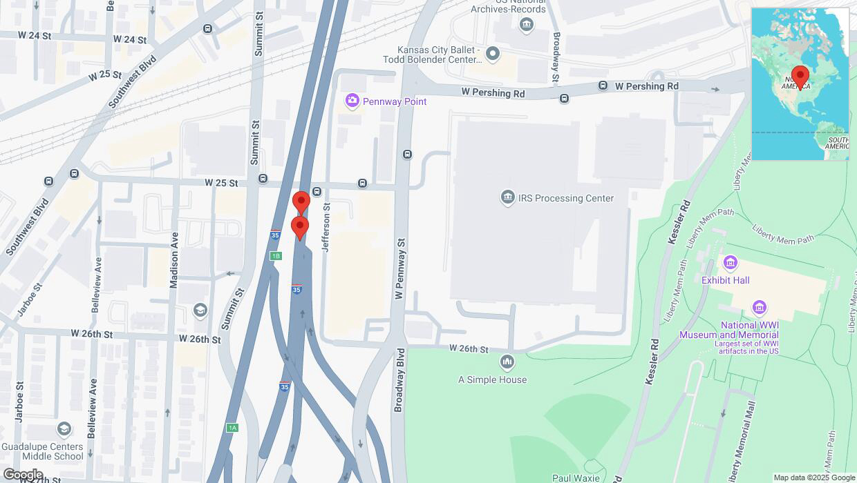 A detailed map that shows the affected road due to 'Broken down vehicle on northbound I-35 in Kansas City' on March 30th at 11:57 p.m.