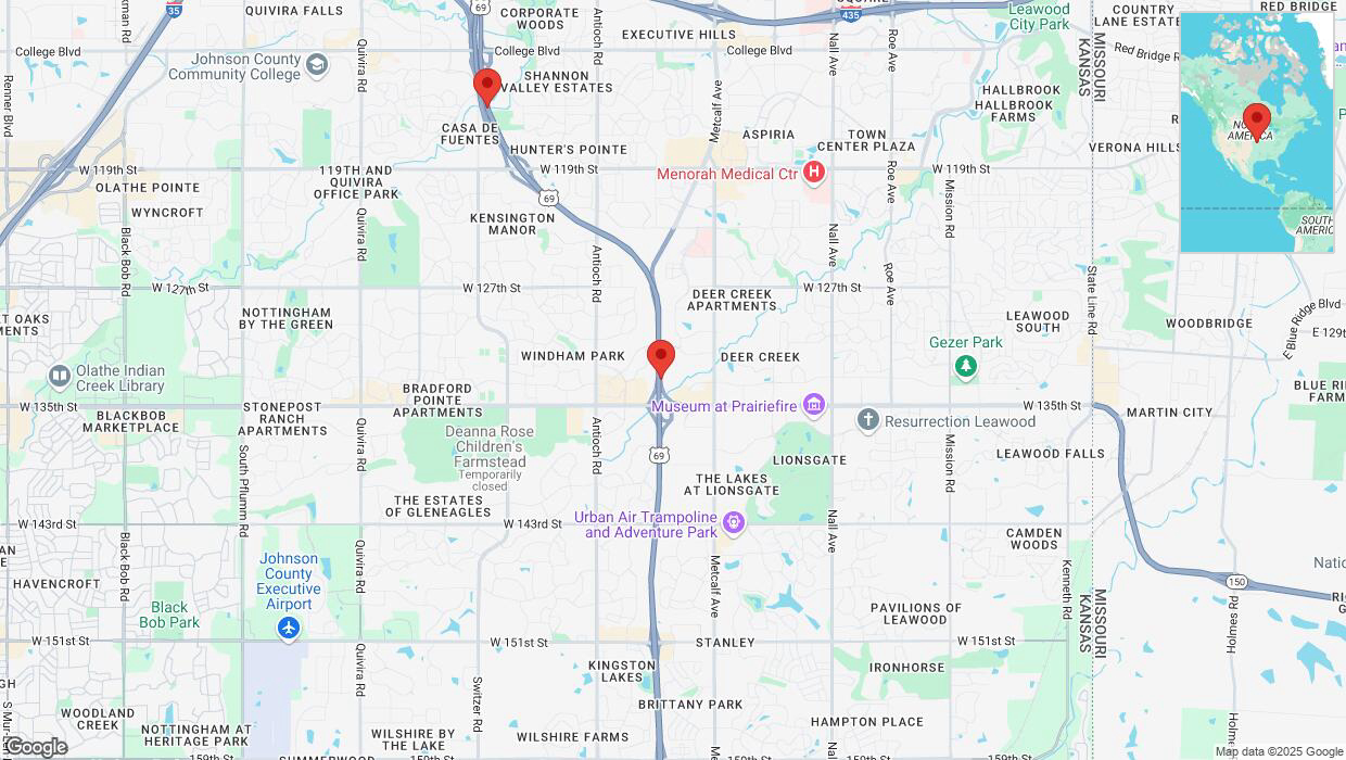 A detailed map that shows the affected road due to 'Lane on US-69 closed in Overland Park' on March 31st at 8:37 p.m.