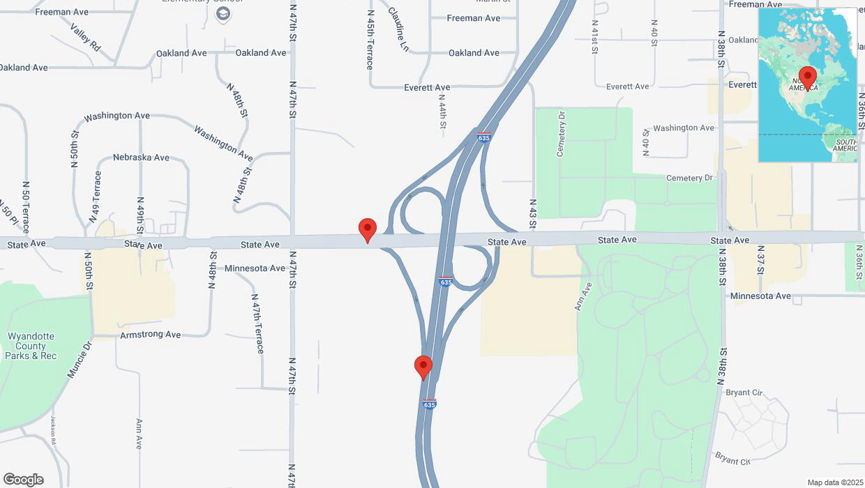 A detailed map that shows the affected road due to 'Broken down vehicle on State Avenue in Kansas City' on March 31st at 12:39 p.m.