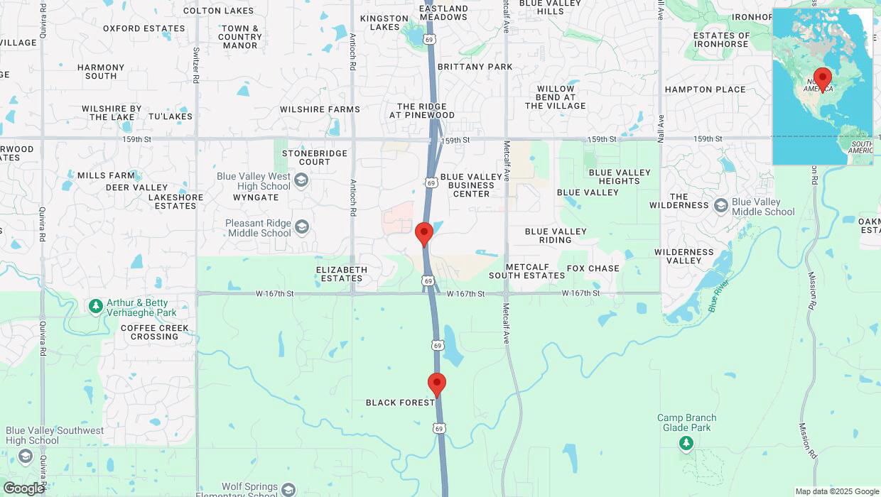 A detailed map that shows the affected road due to 'Lane on US-69 closed in Overland Park' on March 31st at 7:31 p.m.