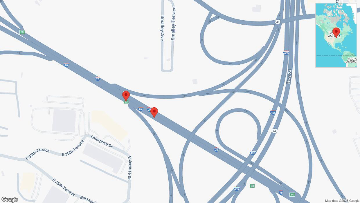 A detailed map that shows the affected road due to 'Broken down vehicle on eastbound I-70 in Kansas City' on March 31st at 12:49 p.m.