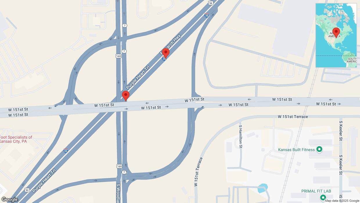 A detailed map that shows the affected road due to 'Broken down vehicle on eastbound I-35 in Olathe' on March 31st at 1:24 p.m.