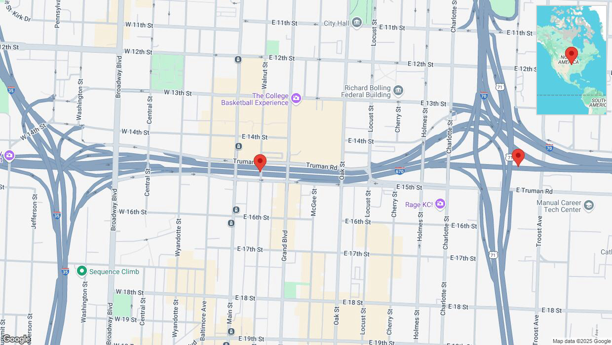 A detailed map that shows the affected road due to 'Warning in Kansas City: Crash reported on eastbound I-670' on March 31st at 1:29 p.m.