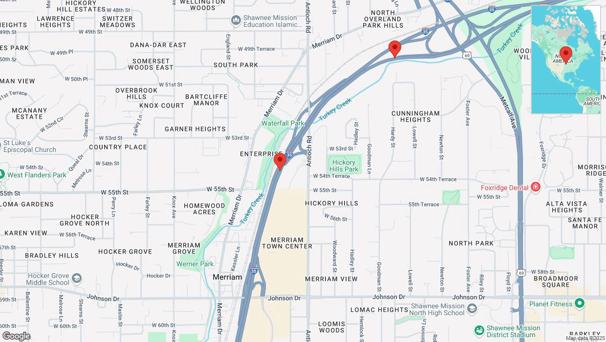 A detailed map that shows the affected road due to 'Crash reported on northbound I-35 in Merriam' on March 31st at 2:15 p.m.