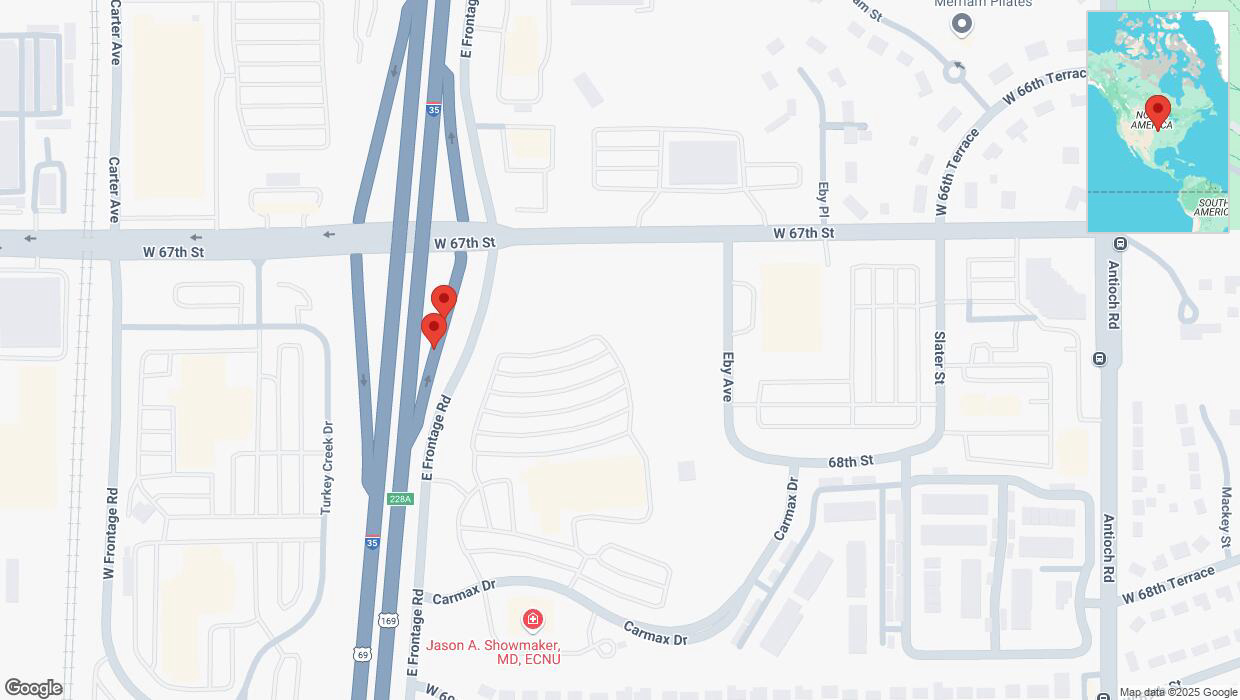A detailed map that shows the affected road due to 'Warning in Merriam: Crash reported on East Frontage Road' on March 31st at 3:08 p.m.