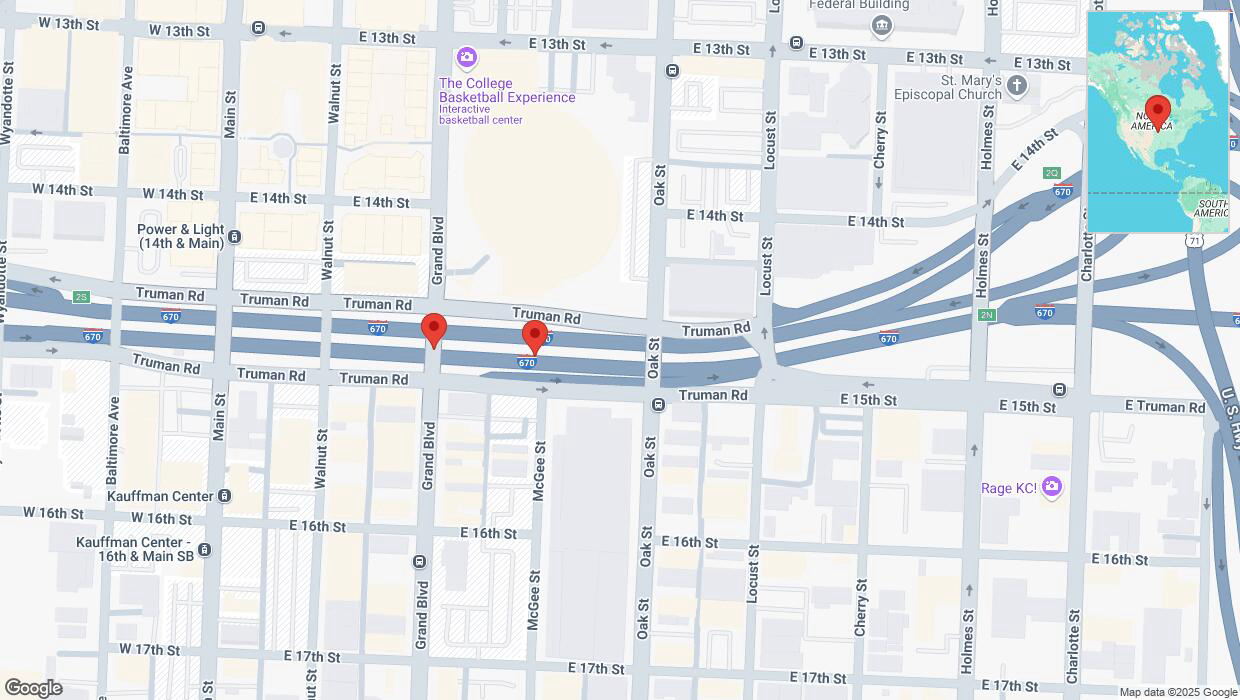 A detailed map that shows the affected road due to 'Broken down vehicle on eastbound I-670 in Kansas City' on March 31st at 3:58 p.m.