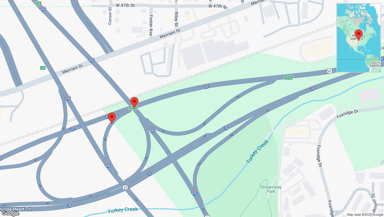 A detailed map that shows the affected road due to 'Broken down vehicle on southbound US-69 South in Overland Park' on March 31st at 4:03 p.m.