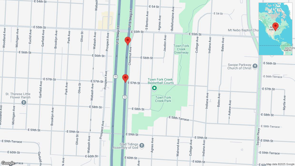 A detailed map that shows the affected road due to 'Broken down vehicle on northbound the Bruce R Watkins Expressway/US-71 in Kansas City' on March 31st at 4:37 p.m.