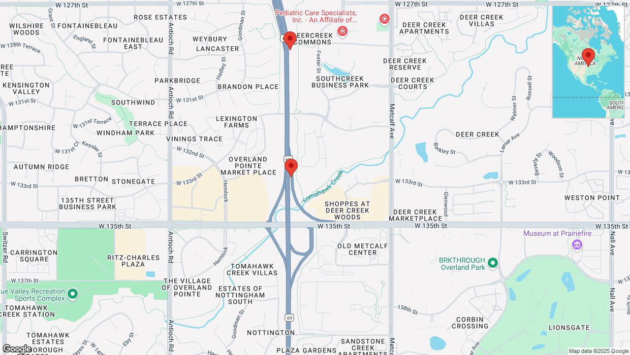 A detailed map that shows the affected road due to 'Lane on US-69 closed in Overland Park' on March 31st at 6:35 p.m.